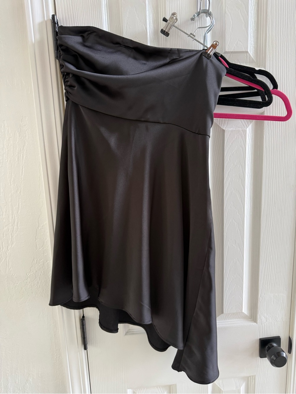 Zara Black Asymmetrical Strapless Satin Dress